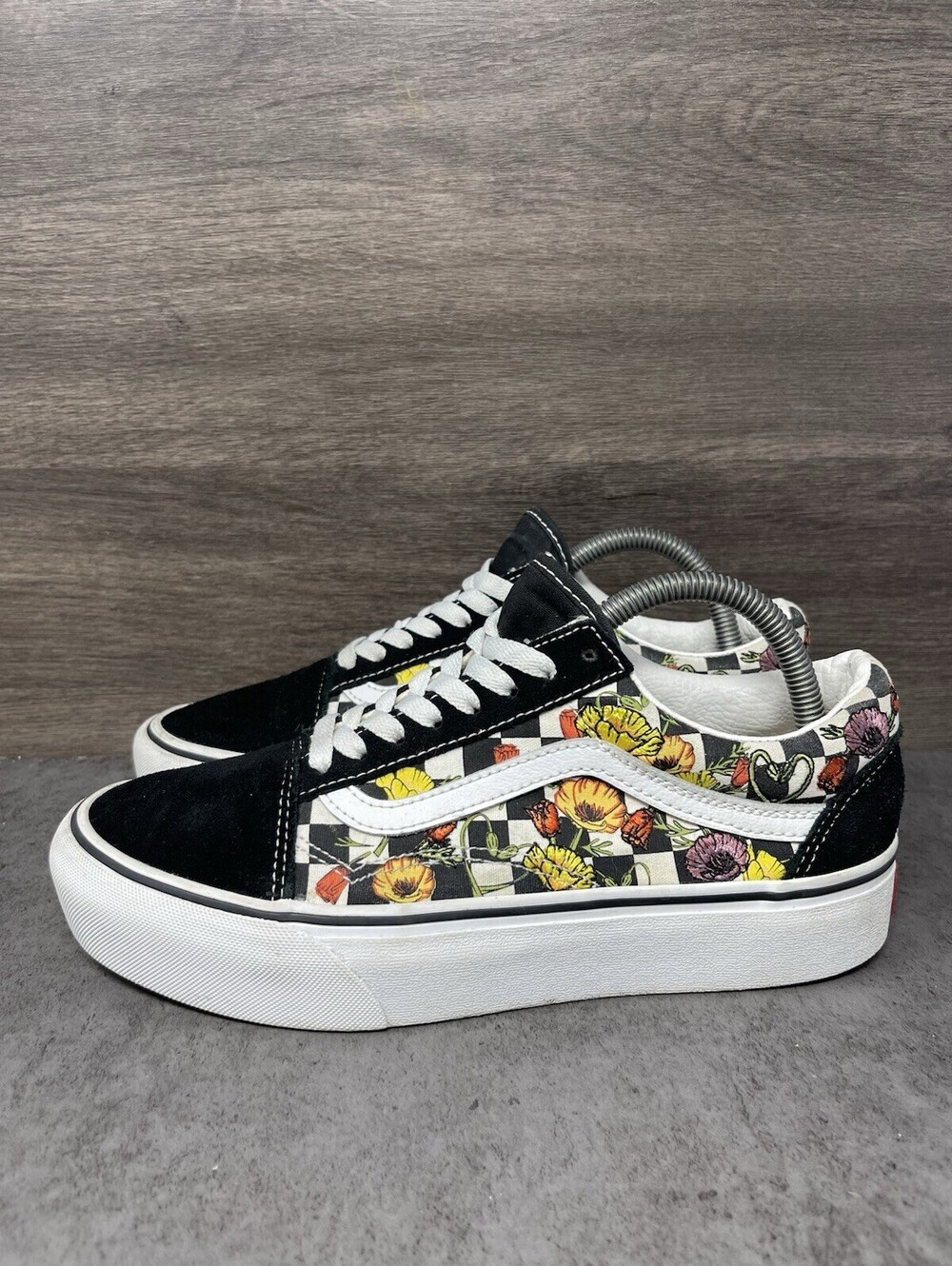 Vans Old Skool Platform Poppy Floral Checkerboard Womens Size 8.5 Black White